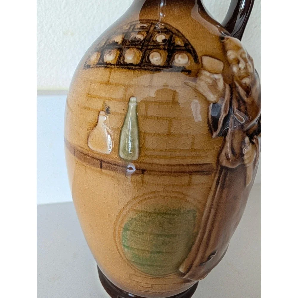 Vintage Monk Ceramic Decanter Brown Ombre Glaze Relief 3D Design with Stopper